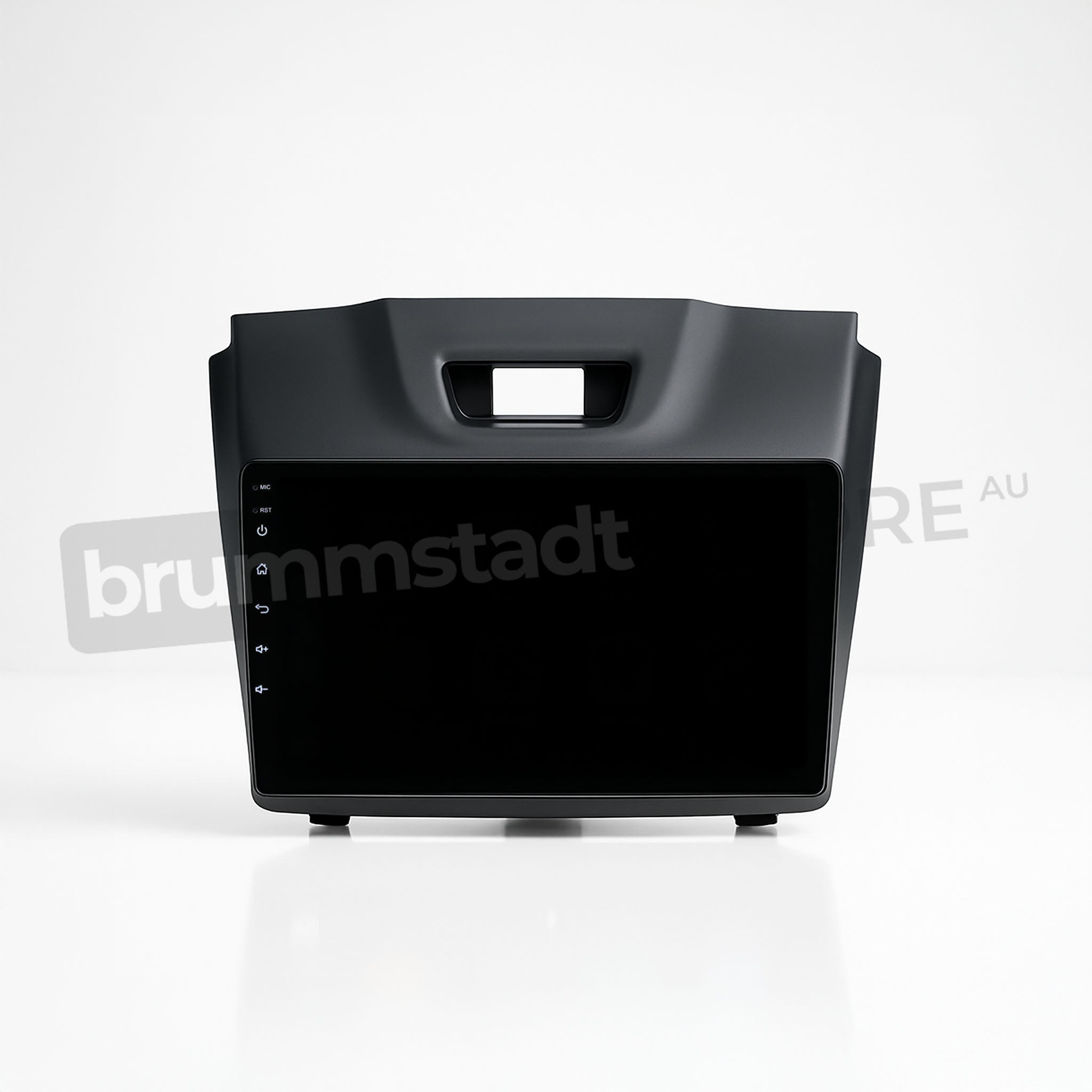 Brummstadt, Isuzu MU-X 2013-2021, factory dashboard with no visible UI elements, showcasing a sleek, black design. The head unit appears blank, with no active display of apps or icons. This image highlights the dashboard's clean lines and potential for infotainment upgrades. The Isuzu MU-X 2013-2021 dashboard is designed for seamless integration with advanced head unit systems, offering a modern aesthetic for automotive enthusiasts.