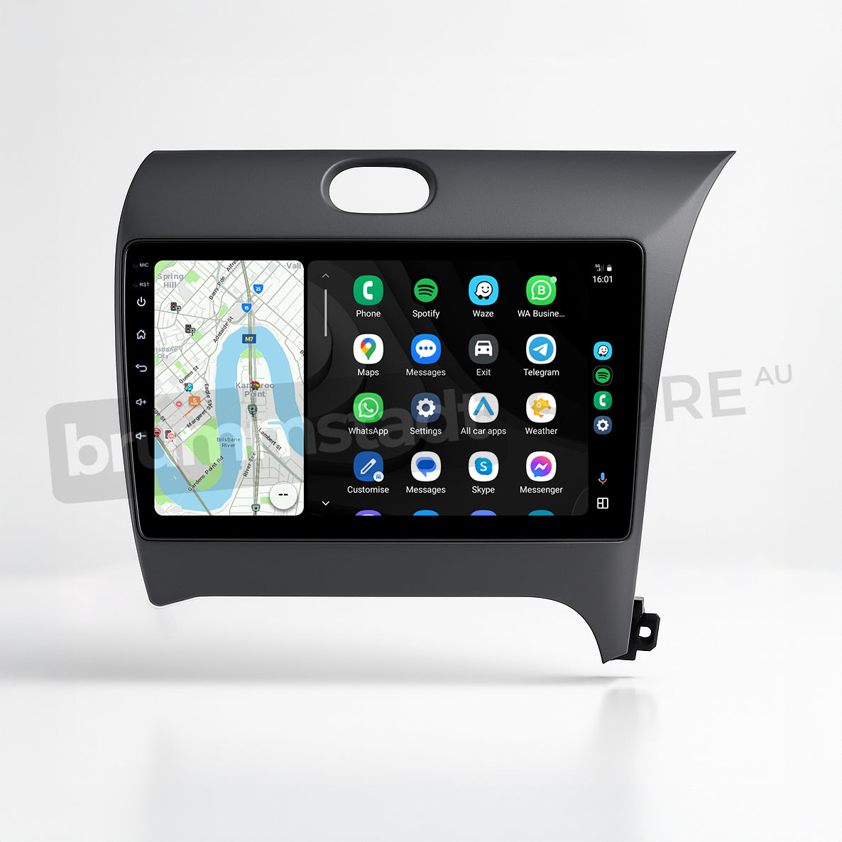 Brummstadt, Kia Cerato 2013-2018, Android Auto interface, featuring Google Maps navigation on the left with detailed route and location display, and a selection of apps on the right including Phone, Spotify, Messages, WhatsApp, Telegram, and more. Time displayed as 16:01, with a clean, user-friendly layout. Notable features include customizable app arrangement and seamless integration with Android devices.