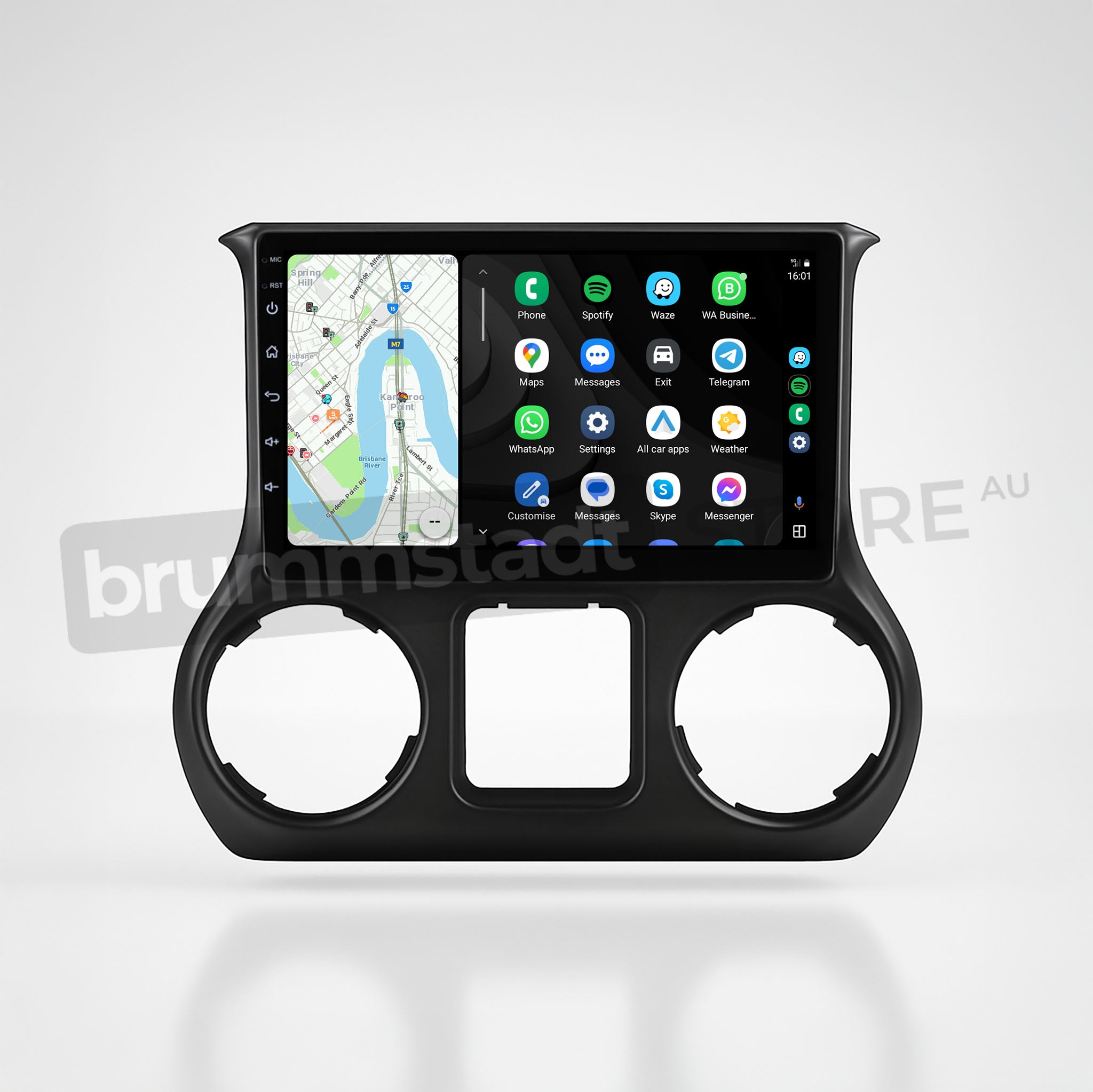 Brummstadt, Jeep Wrangler 2015-2019, Android Auto interface with Google Maps, Spotify, WhatsApp, and other apps visible, Jeep Wrangler 2015-2019, time displayed as 16:08, network and battery icons present, sleek design with user-friendly layout, Brummstadt, enhancing driving experience with seamless app integration and navigation features.