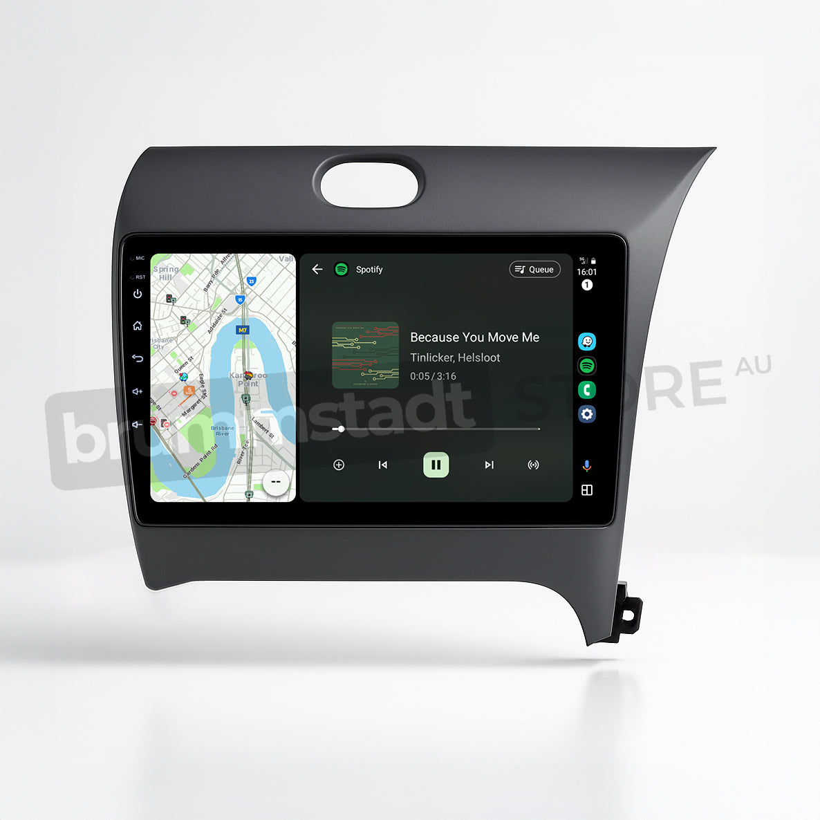 Brummstadt, Kia Cerato 2013-2018, Android Auto interface, Kia Cerato, featuring Maps app with route guidance, Spotify app displaying "Because You Move Me" by Tinlicker & Helsloot, clear album art, play/pause and skip controls, volume adjustment, home button, sleek design, user-friendly layout, enhancing driving experience with seamless integration of navigation and music streaming.