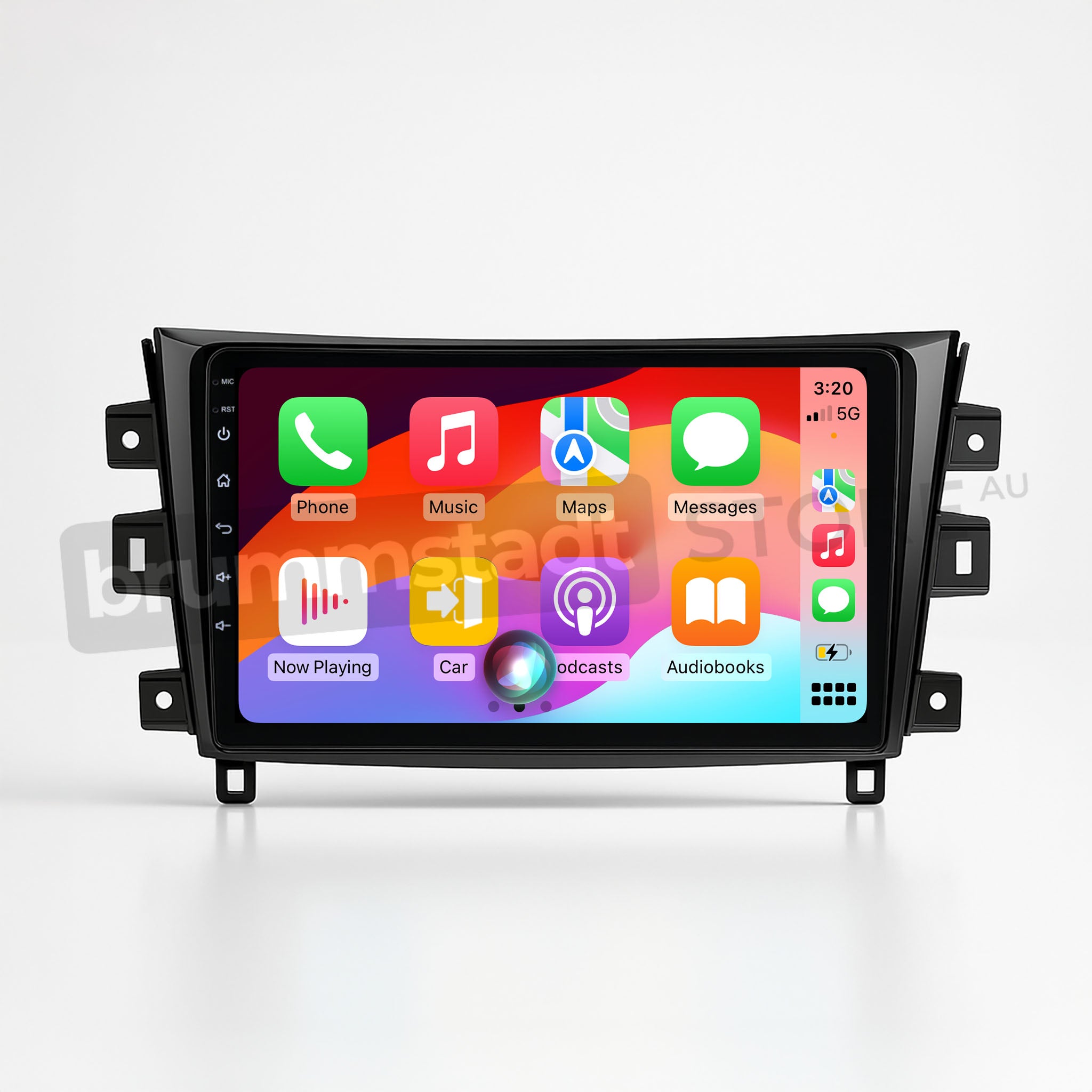 Brummstadt, Nissan Navara 2015-2020, featuring Apple CarPlay interface, Nissan Navara 2015-2020, displaying colorful app icons including Phone, Music, Maps, Messages, Podcasts, and Audiobooks, time 3:20, 5G network signal, battery status, sleek design, user-friendly layout, enhancing driving experience with seamless smartphone integration, premium infotainment system, ideal for tech-savvy drivers seeking connectivity.