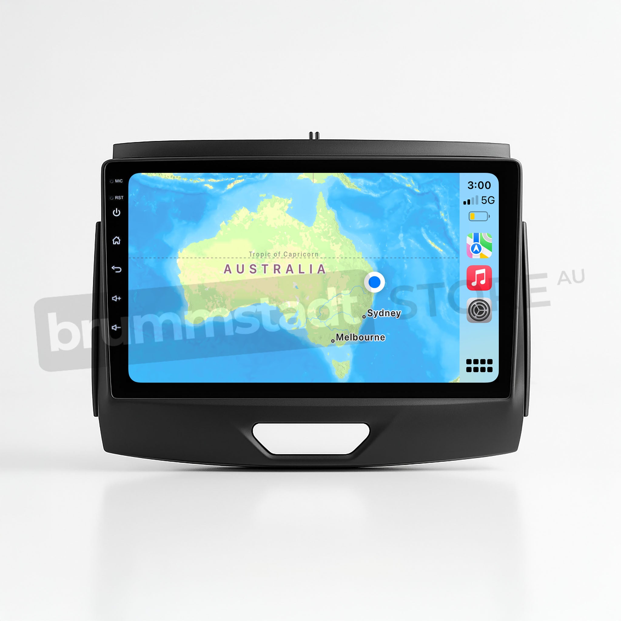 Brummstadt, Ford Ranger 2015-2022, featuring Apple CarPlay interface, Ford Ranger 2015-2022, displaying Maps app centered on Sydney, Australia. The screen shows time as 3:00, 5G network signal, and battery status. Visible apps include Maps, Phone, Music, and Settings. The interface is sleek with a modern layout, offering seamless navigation and connectivity, enhancing the driving experience with user-friendly controls and clear display.