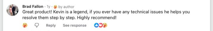 Facebook comment from a Brummstadt customer: 01 facebook post 351657380940023 comment 1041657204215216 brad fallon a year ago great product kevin is a legend if you ever have