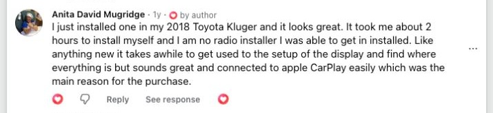 Facebook comment from a Brummstadt customer: 02 facebook post 351657380940023 comment 2339555999746301 anita david mugridge a year i just installed one in my 2018 toyota kluger an