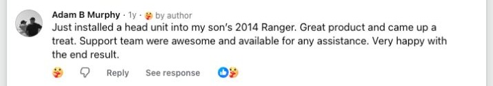 Facebook comment from a Brummstadt customer: 03 facebook post 351657380940023 comment 841350281272420 adam b murphy a year ago just installed a head unit into my sons 2014 ran