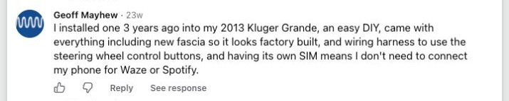 Facebook comment from a Brummstadt customer: 08 facebook post 862742813164808 comment 2350909115426579 geoff mayhew i installed one 3 years ago into my 2013 kluger