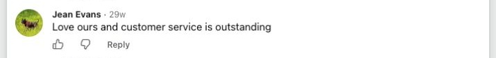 Facebook comment from a Brummstadt customer: 24 facebook post 659197953519296 comment 1801919260486202 jean evans love ours and customer service is outstanding