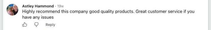 Facebook comment from a Brummstadt customer: 26 facebook post 862742799831476 comment 1647096526323442 astley hammond highly recommend this company good quality produ