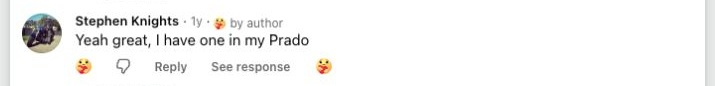 Facebook comment from a Brummstadt customer: 43 facebook post 351657380940023 comment 1611608019436860 stephen knights a year ago yeah great i have one in my prado