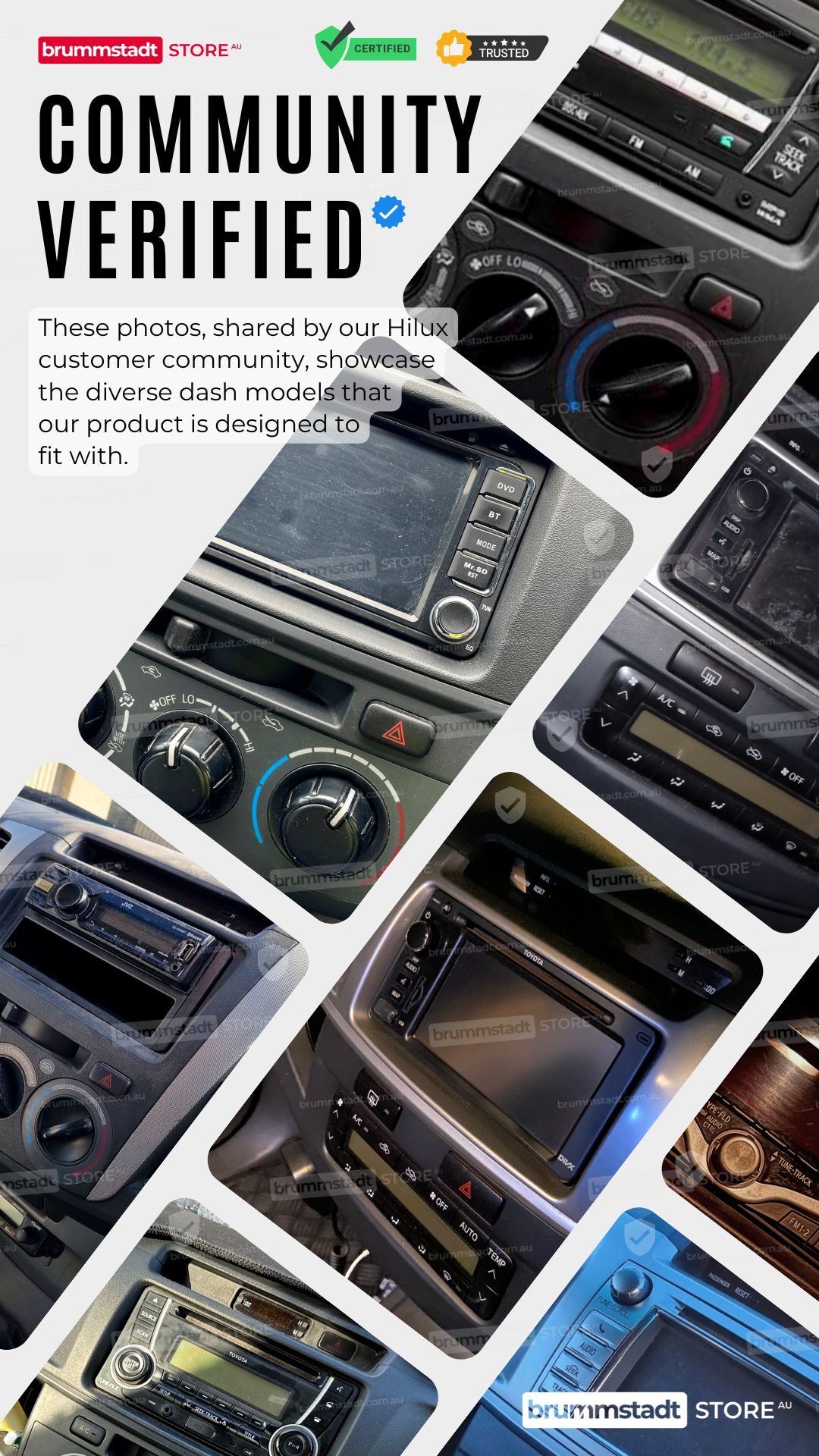 Community-verified Toyota Hilux 2005-2014 dash fitment collage showing our Apple CarPlay and Android Auto head unit installed across multiple factory fascia styles.